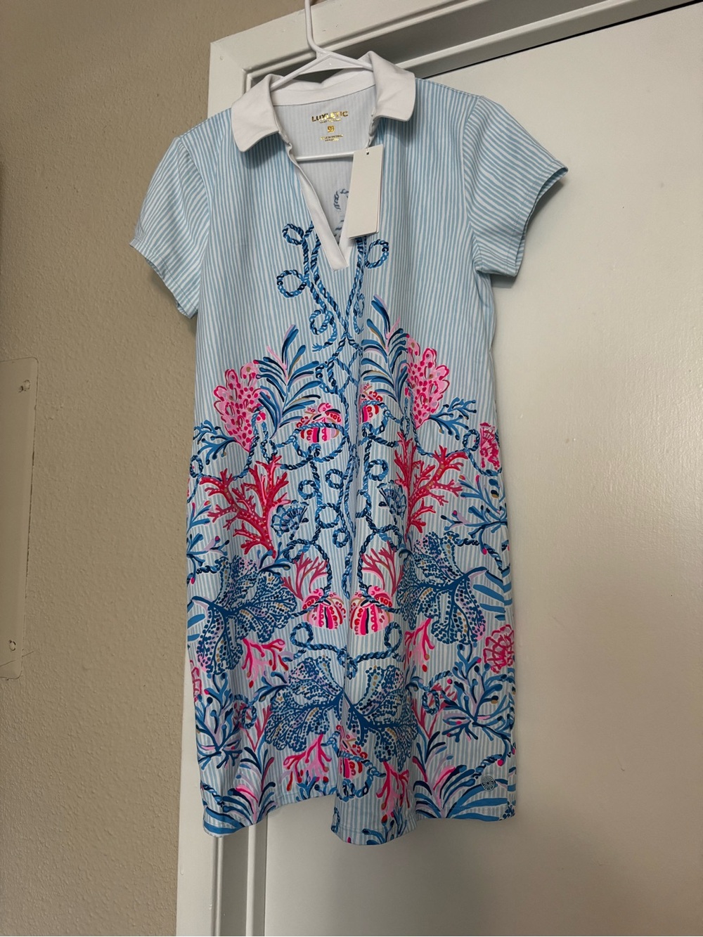 Lilly Pulitzer Light Blue Striped Polo Dress with Pink & Blue Floral Print